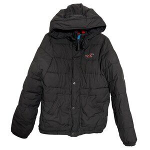 Hollister Black Hooded Full Zip Puffer Coat Mens Large Jacket w/ Pockets